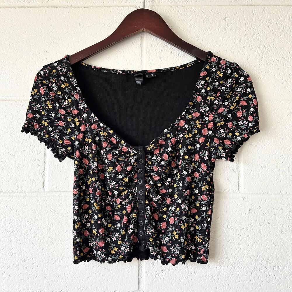 Volcom Black Floral Lettuce Hem Ribbed Short Sleeve Crop Top Women's XS